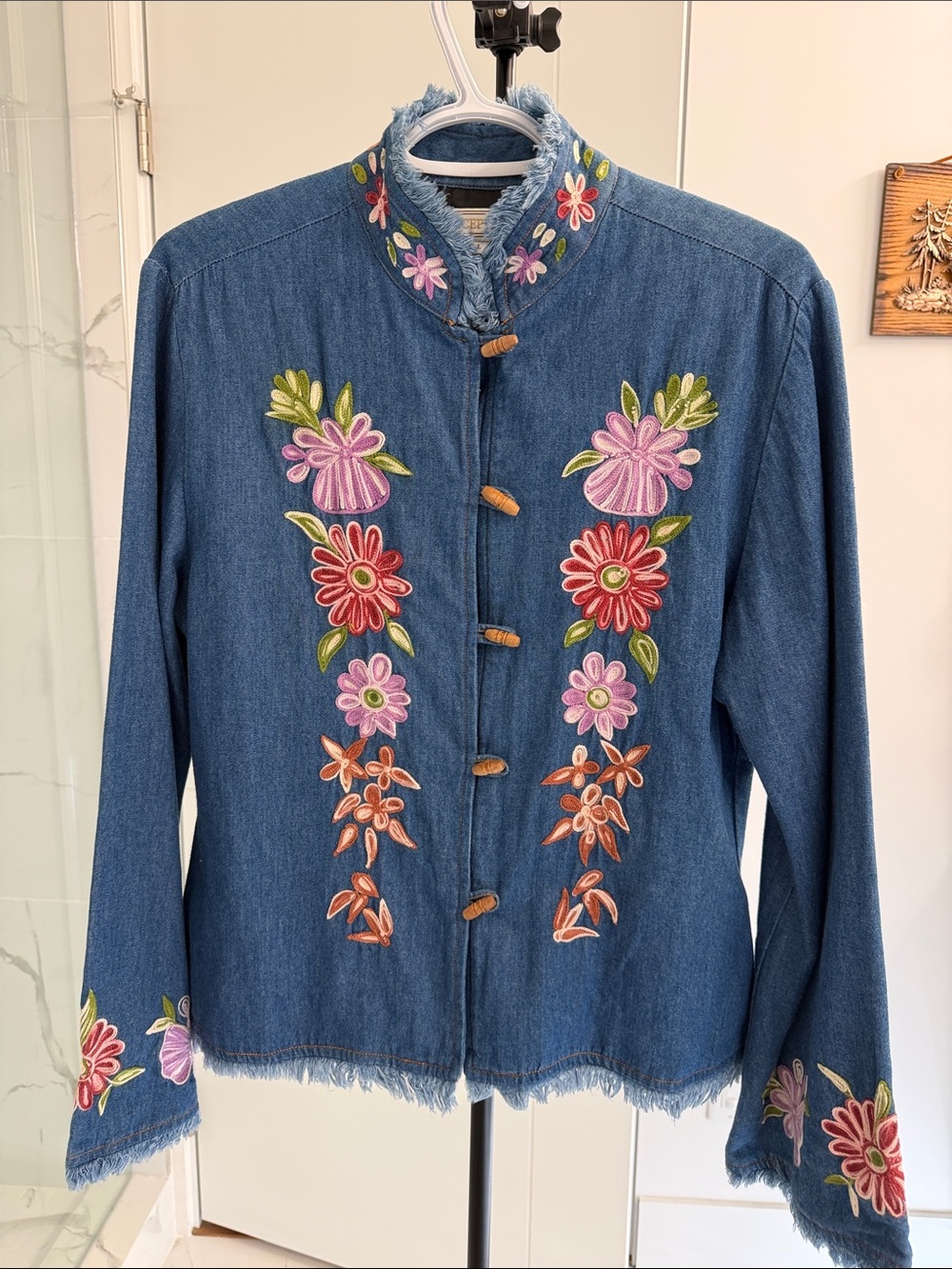 Embroidered Blue Denim Floral Jacket with Toggle Closures UNIQUE 19”pp/24”L
